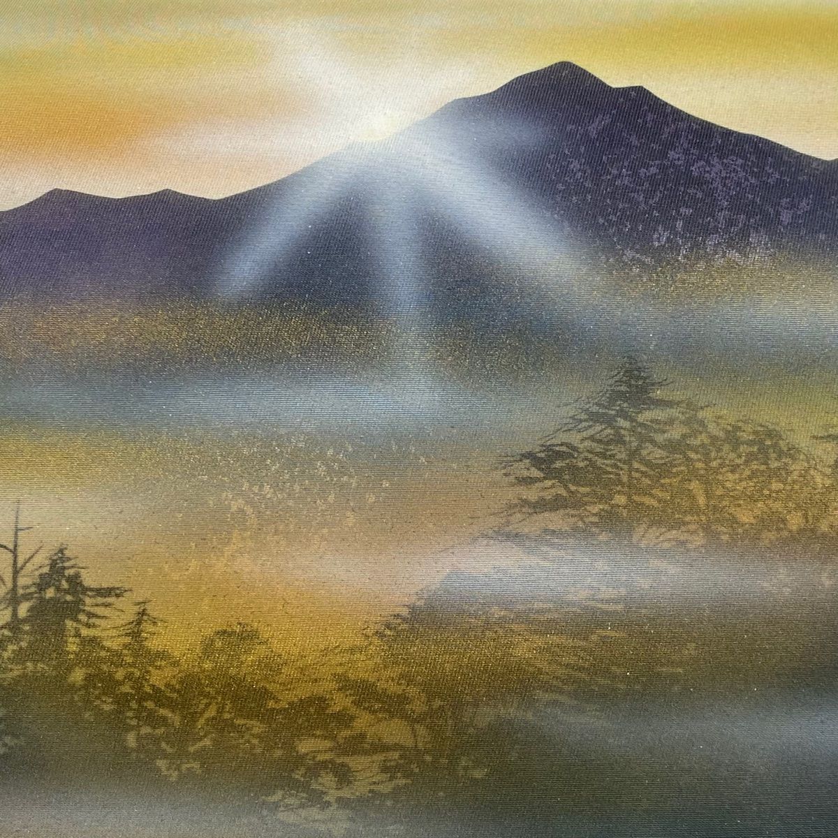 袋帯 秀品 落款 山並み 樹木 金銀彩 ぼかし 青灰色 お太鼓柄 正絹