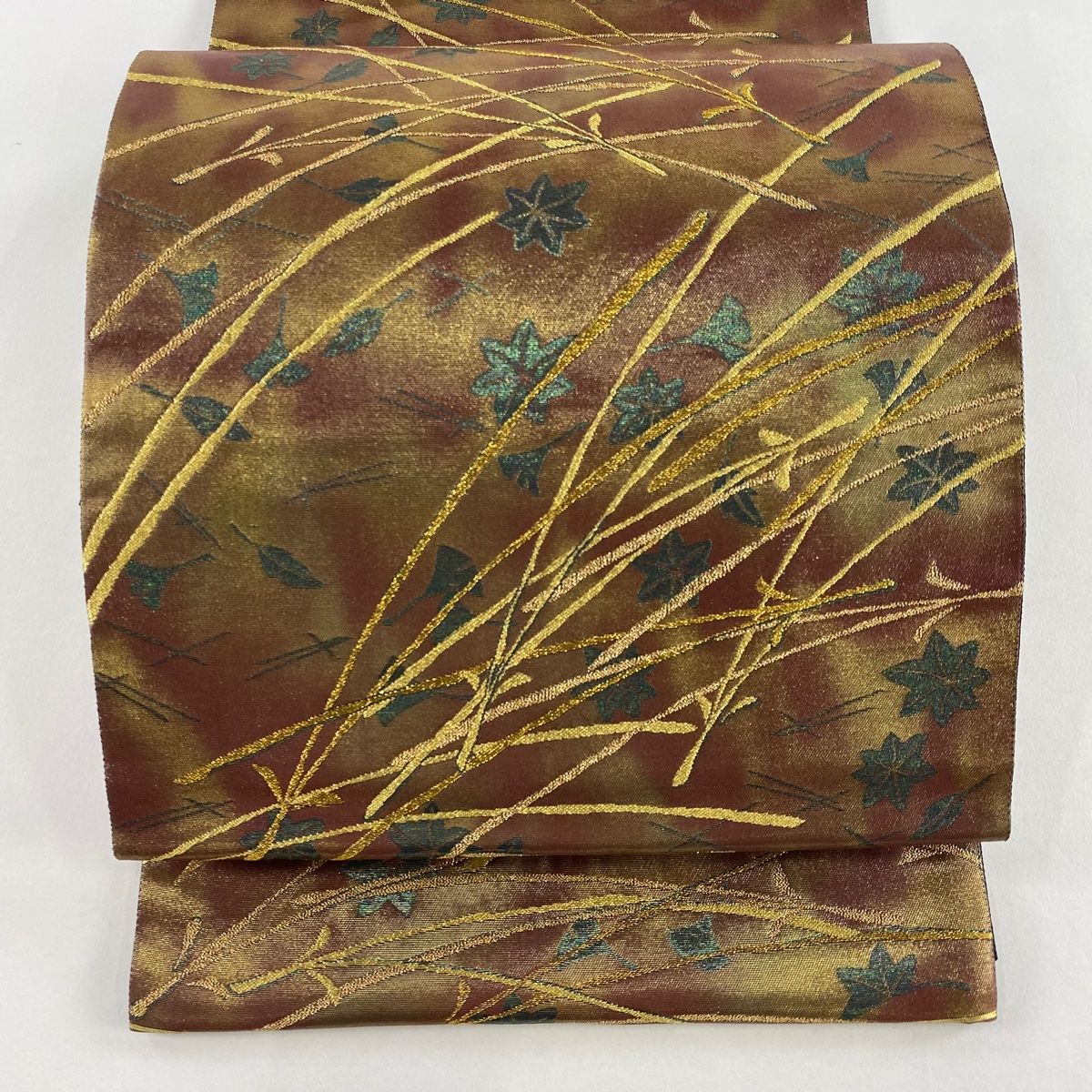 袋帯 秀品 吹き寄せ 霞 箔 焦茶色 六通 正絹