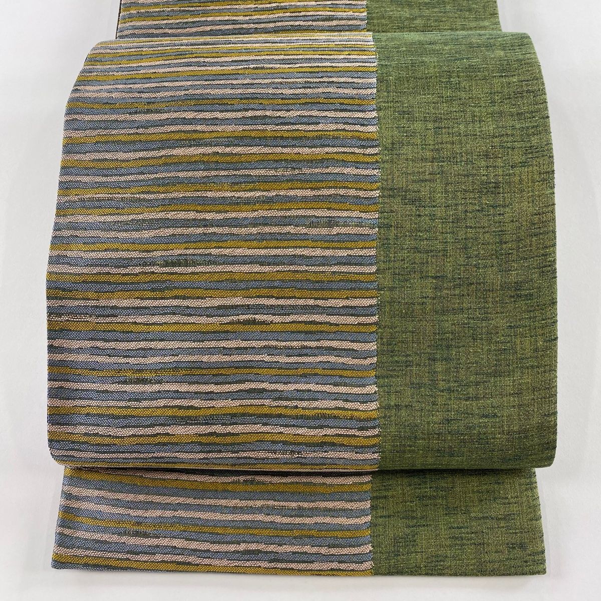 袋帯 秀品 証紙 草木染 縞 金糸 よもぎ色 六通 正絹