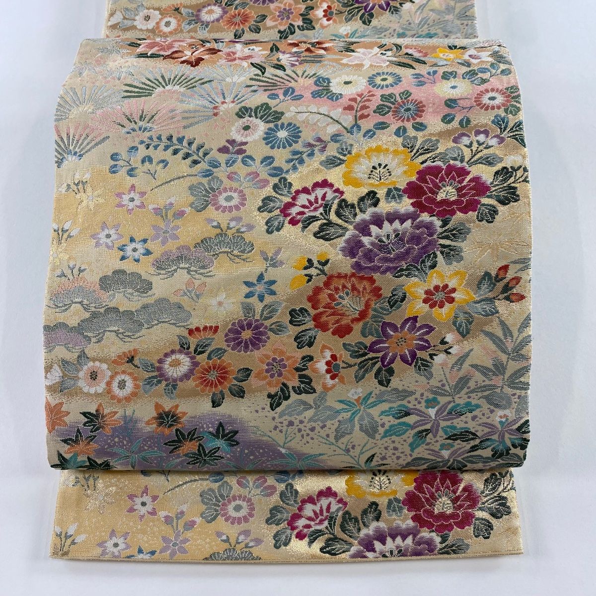 安い，送料無料 袋帯 美品 秀品 ペーズリー 縞 刺繍 深緑 全通 正絹