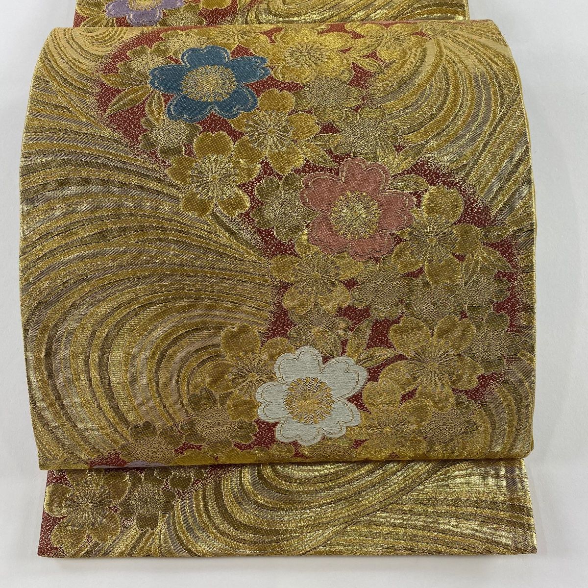 袋帯 秀品 振袖向き 桜 流水 金糸 箔 金色 六通 正絹