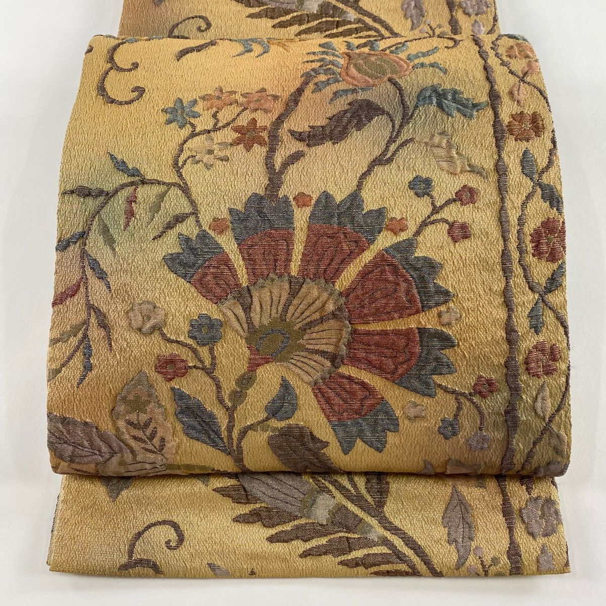 袋帯 秀品 枝花 金銀糸 薄茶色 六通 正絹