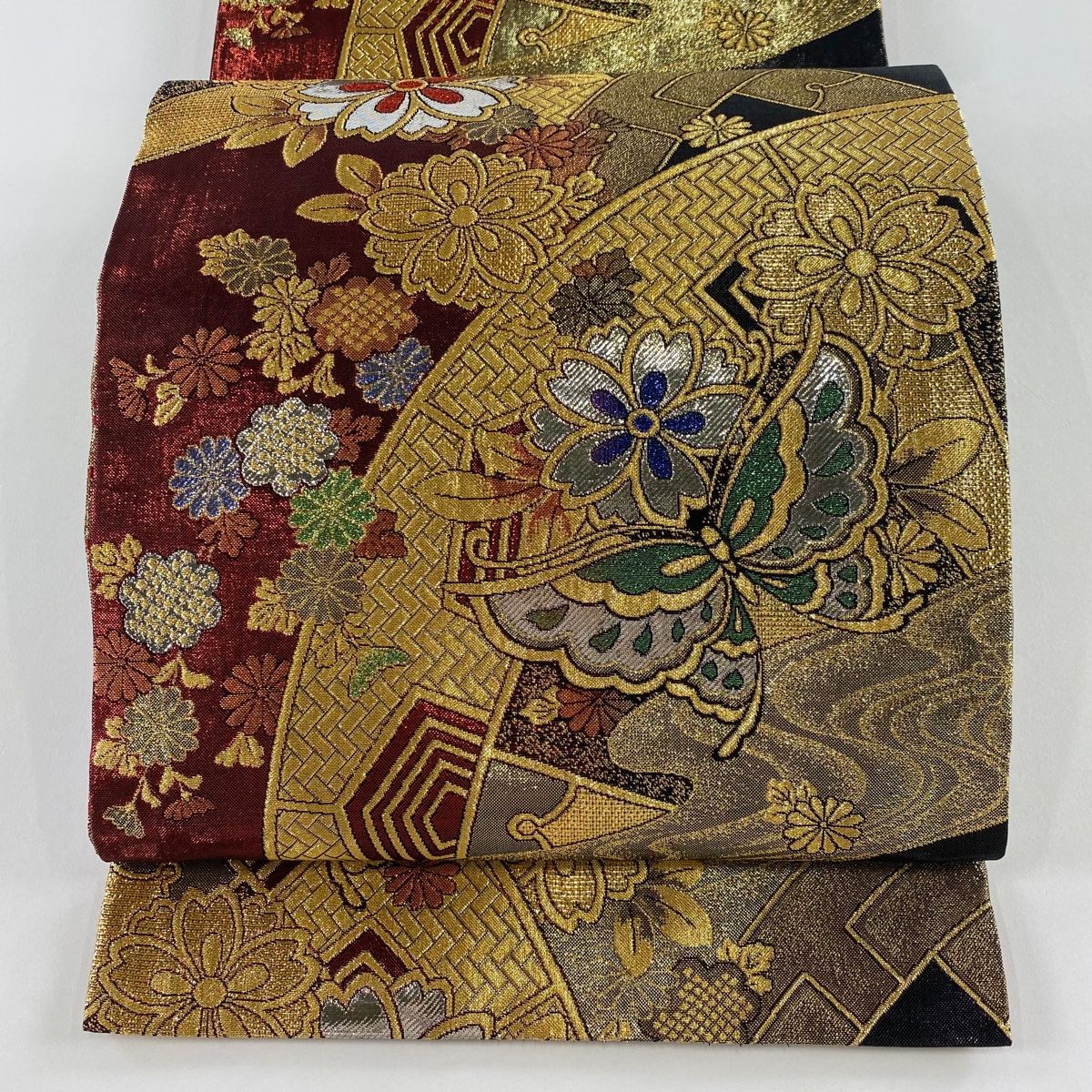 袋帯 秀品 振袖向き 桜 蝶 金糸 箔 金色 六通 正絹
