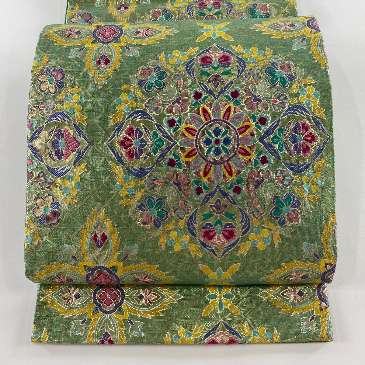 袋帯 秀品 華文 銀糸 箔 薄緑 六通 正絹