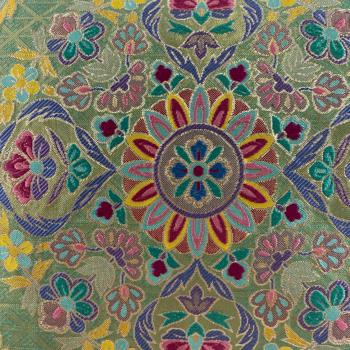 袋帯 秀品 華文 銀糸 箔 薄緑 六通 正絹