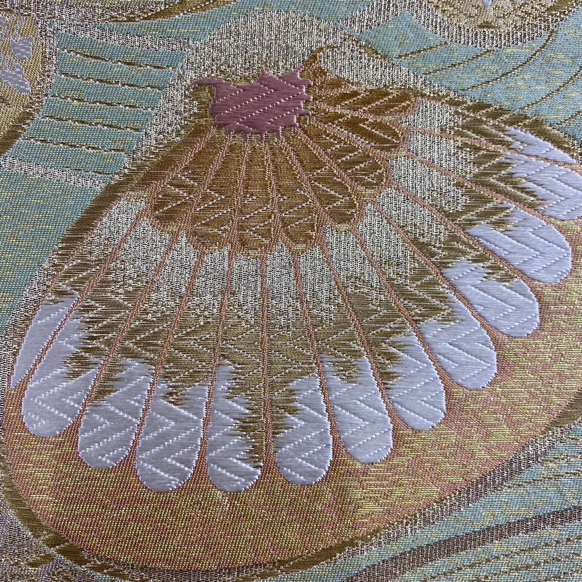 袋帯 秀品 関西仕立て 貝合わせ 草花 金糸 箔 薄緑 六通 正絹