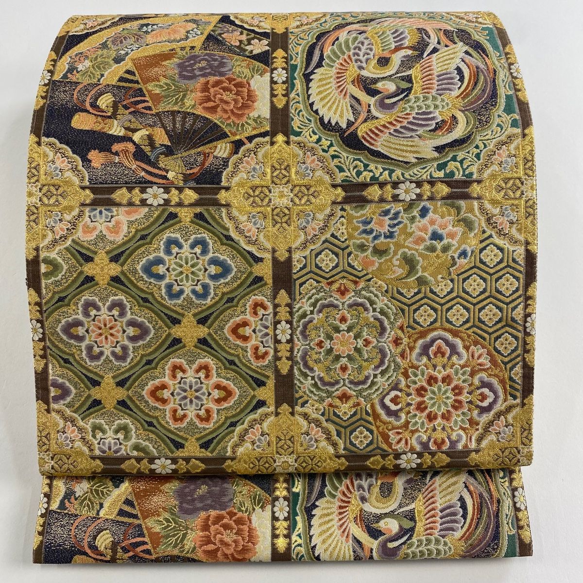 袋帯 秀品 鈴乃屋 花鳥 扇 金糸 箔 金色 六通 正絹