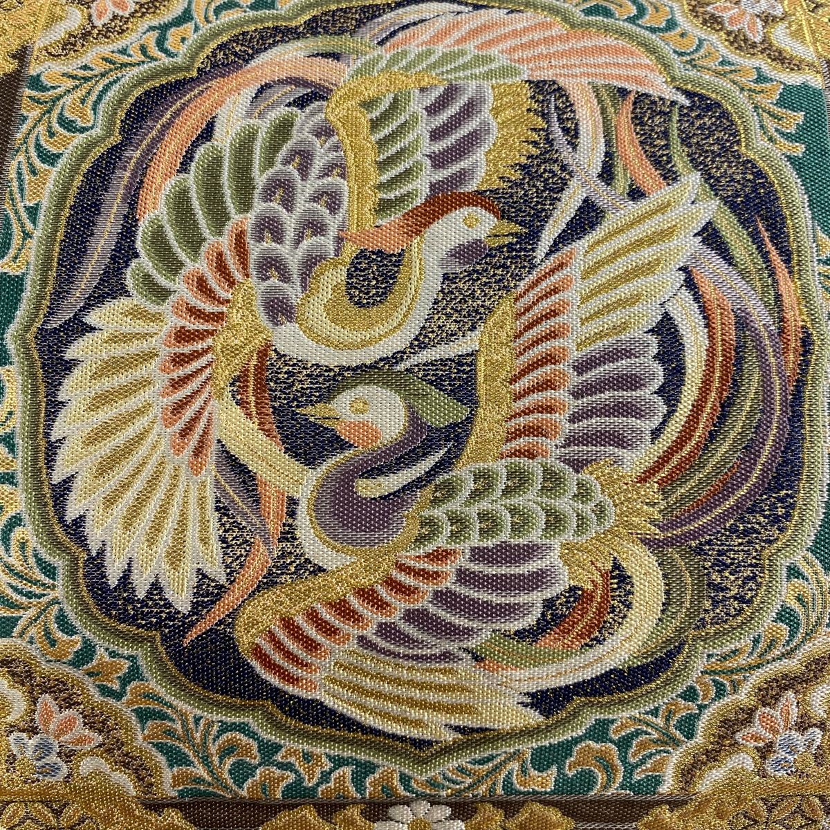 袋帯 秀品 鈴乃屋 花鳥 扇 金糸 箔 金色 六通 正絹