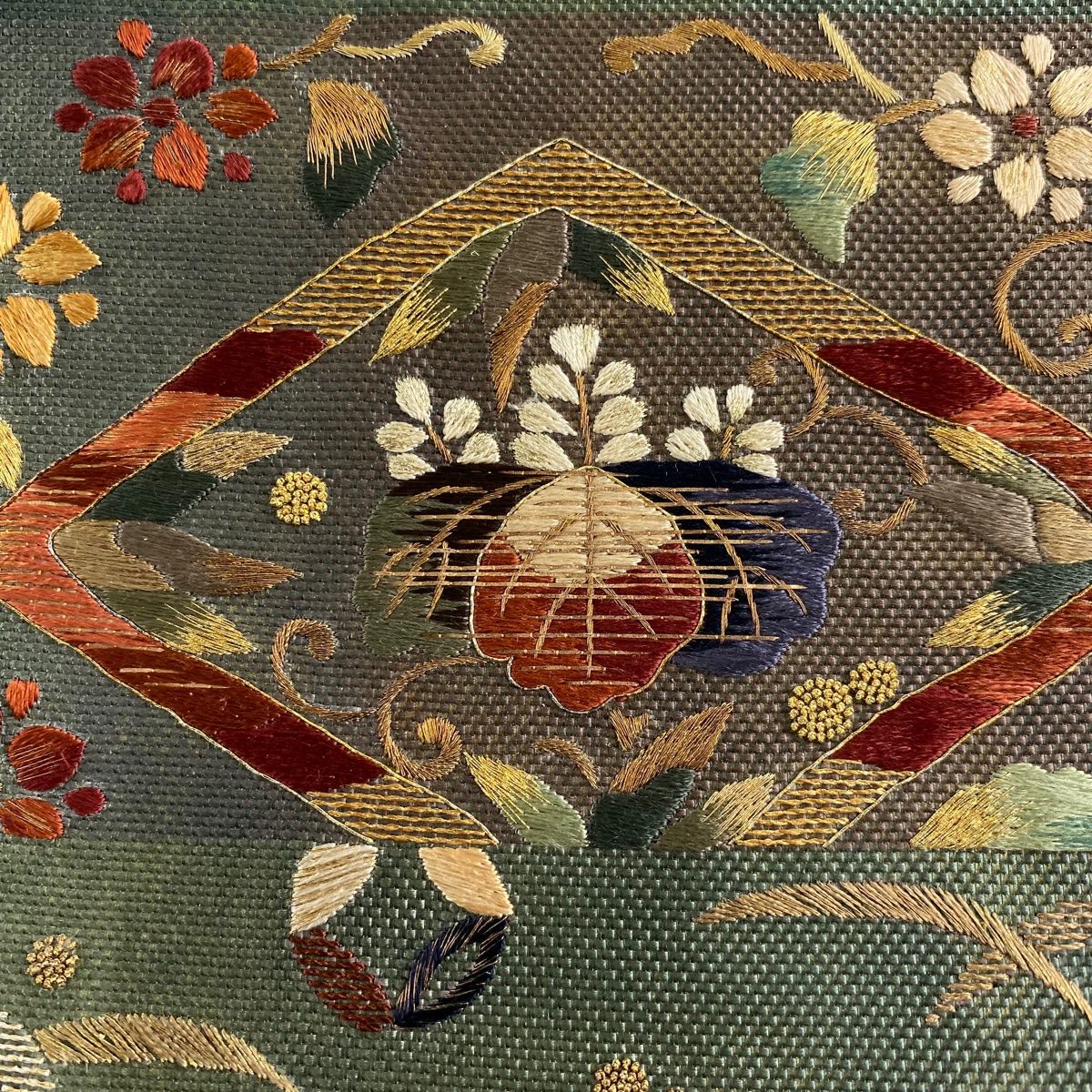 袋帯 秀品 桐 鳥 金銀糸 刺繍 灰緑 六通 正絹