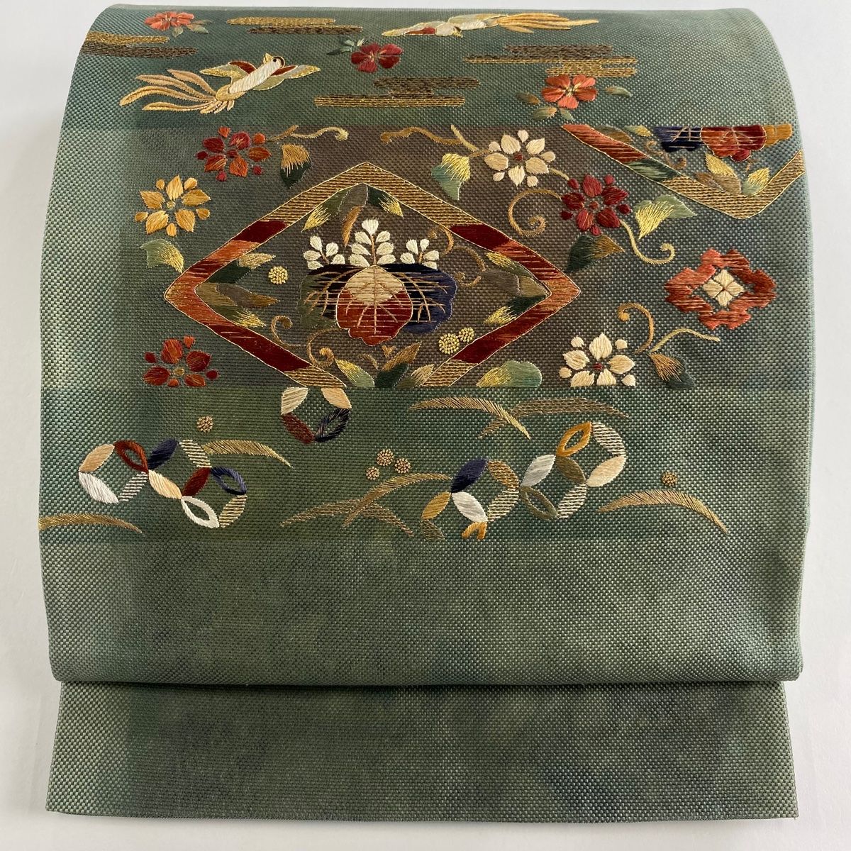 袋帯 秀品 桐 鳥 金銀糸 刺繍 灰緑 六通 正絹