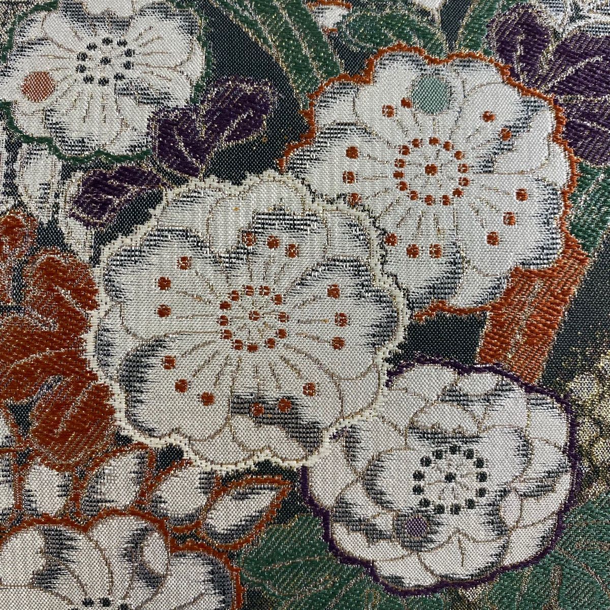 袋帯 秀品 草花 唐草 箔 灰緑 六通 正絹