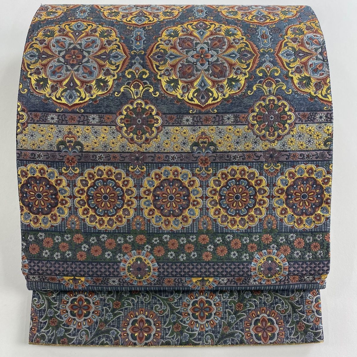 袋帯 秀品 華文 花唐草 箔 青灰色 六通 正絹