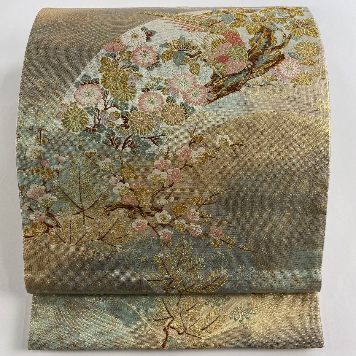 袋帯 秀品 扇面花鳥文 金糸 箔 金色 六通 正絹 WWW_SMP1DAWEKUDUS_SCH_ID