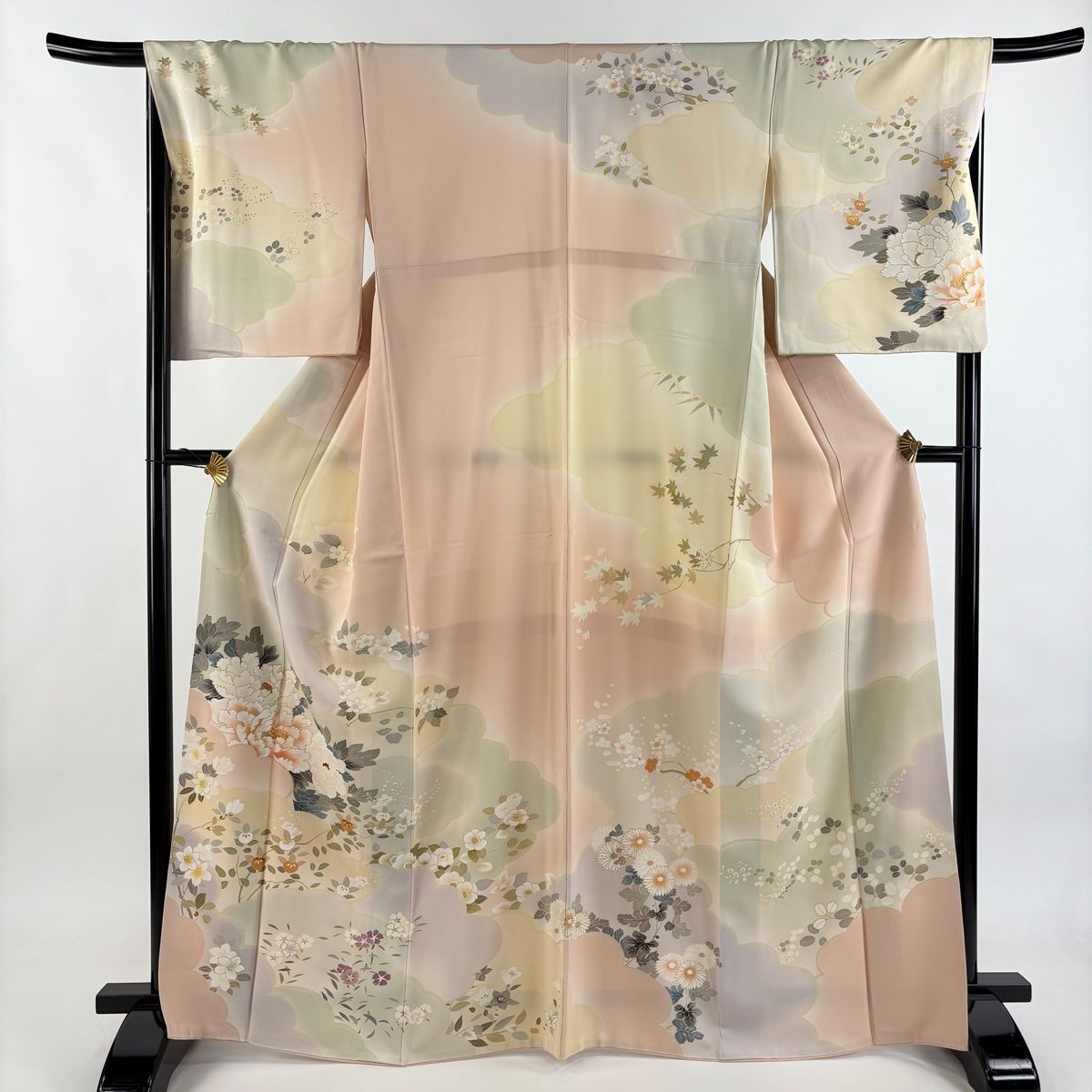 訪問着 身丈166cm 裄丈68.5cm L 袷 牡丹 雲文 金彩 刺繍 薄ピンク 正絹 秀品