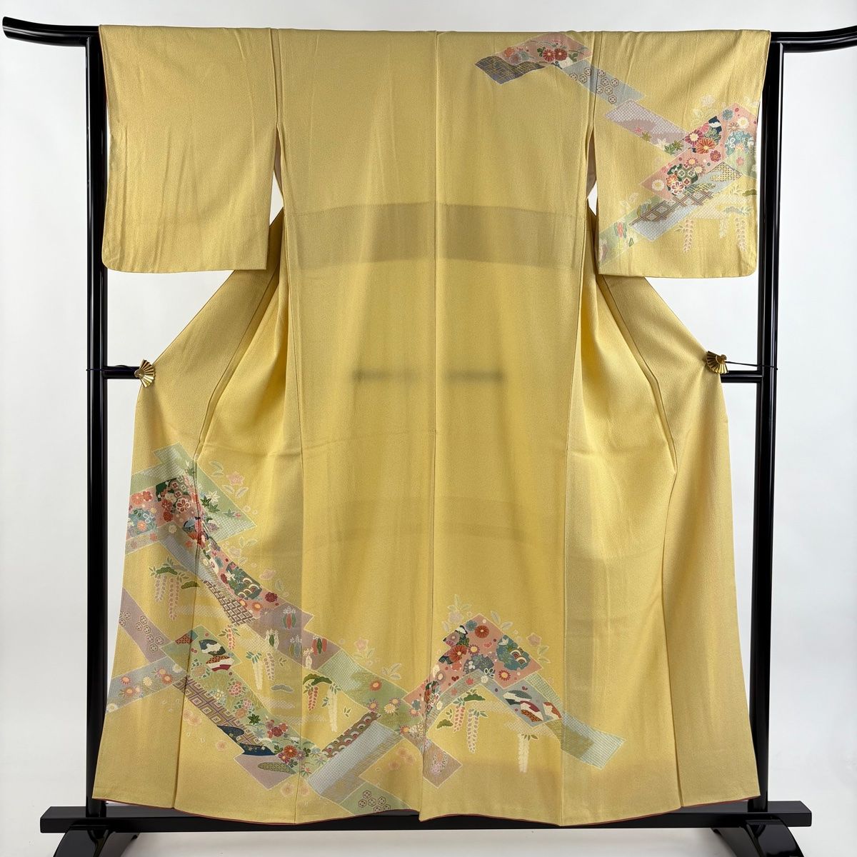 訪問着 身丈157cm 裄丈64.5cm M 袷 松竹梅 雪輪 金彩 黄色 正絹 秀品
