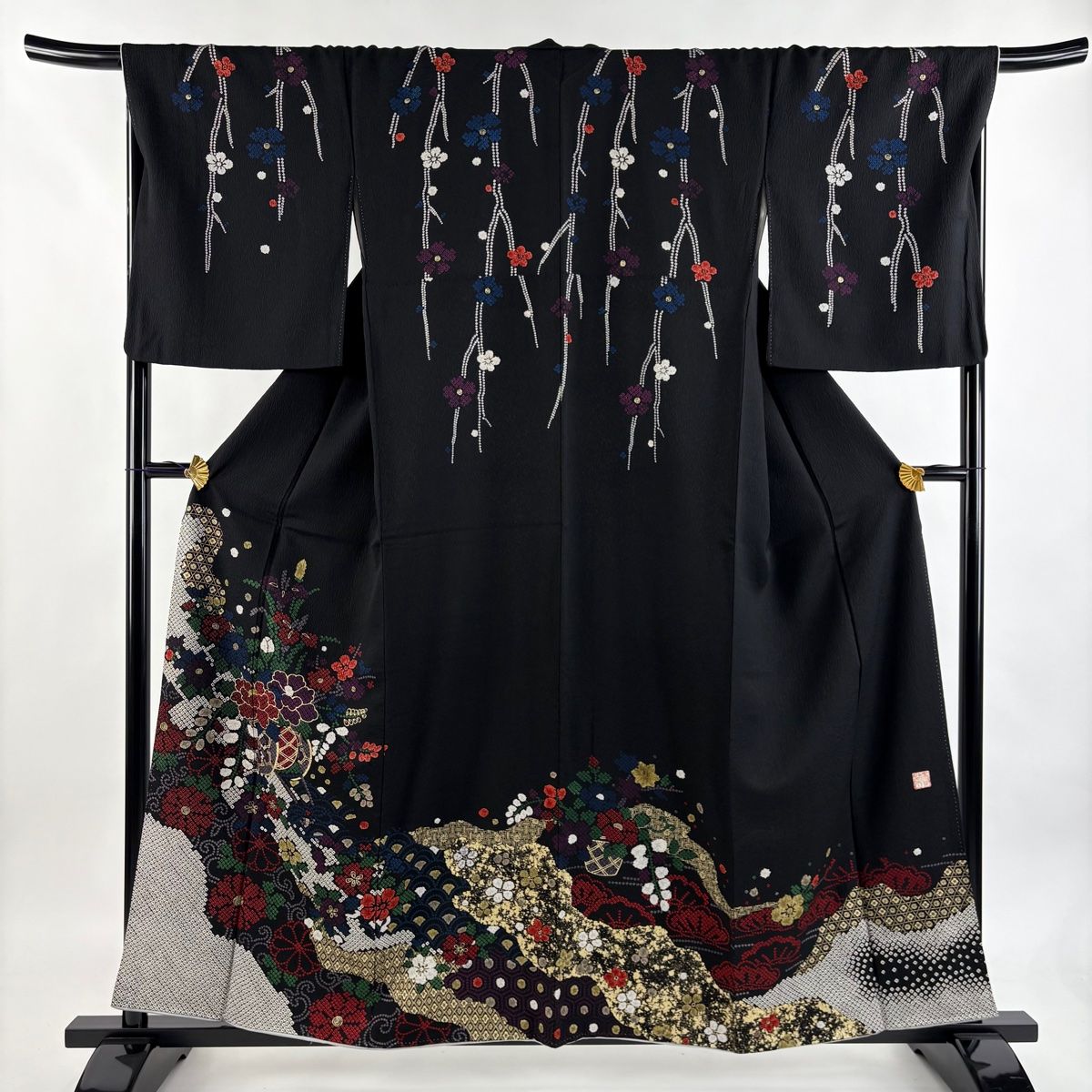 訪問着 身丈158cm 裄丈68.5cm L 袷 落款 花車 菊唐草 金彩 黒 正絹 秀品