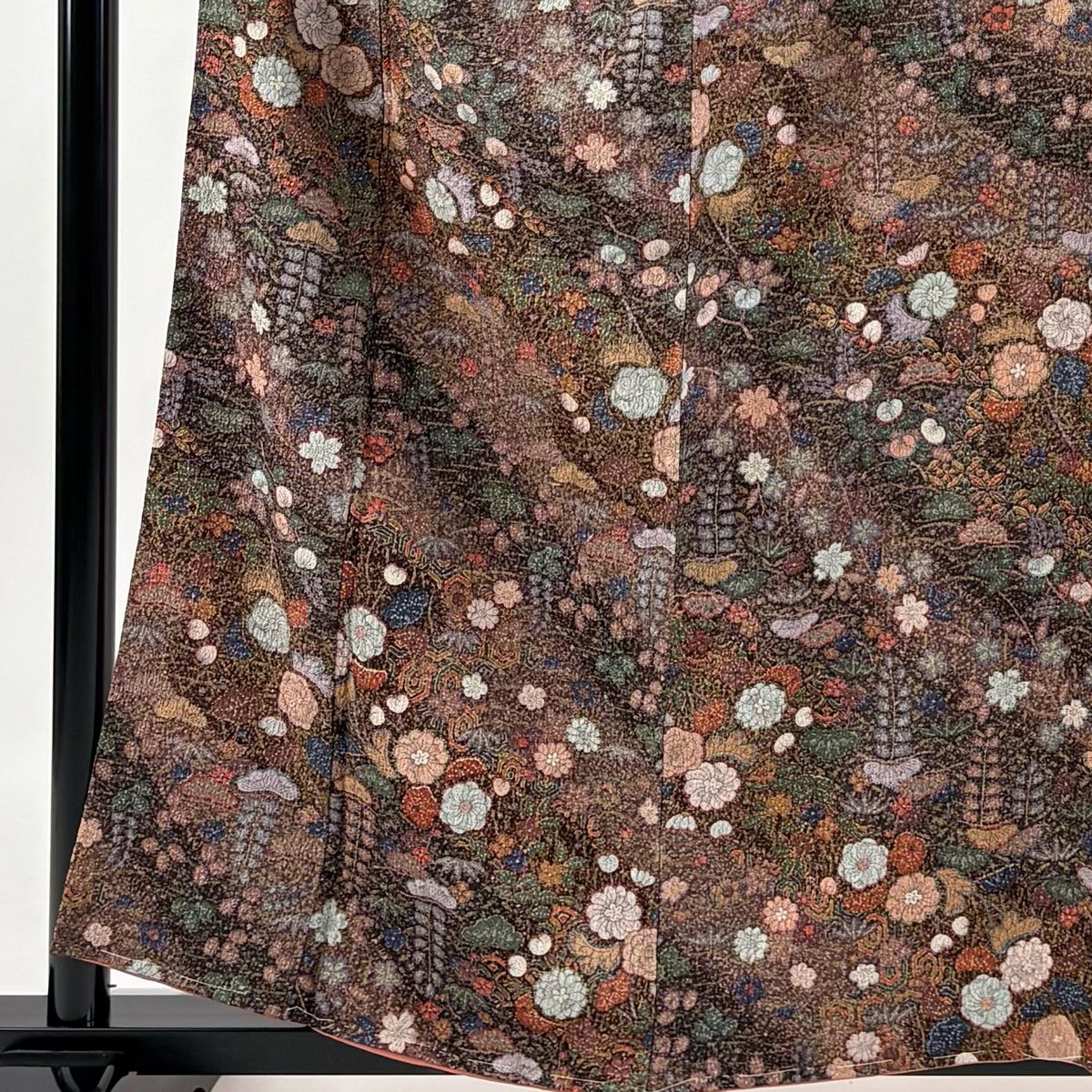 小紋 身丈159cm 裄丈64cm M 袷 松竹梅 辻が花柄 金彩 焦茶色 正絹 秀品