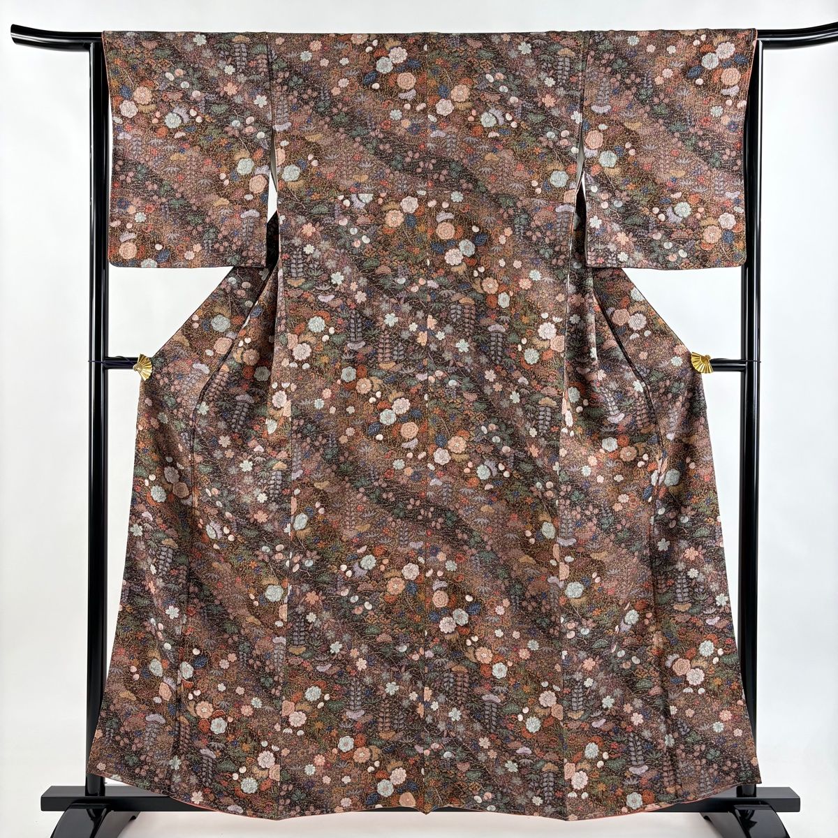 小紋 身丈159cm 裄丈64cm M 袷 松竹梅 辻が花柄 金彩 焦茶色 正絹 秀品