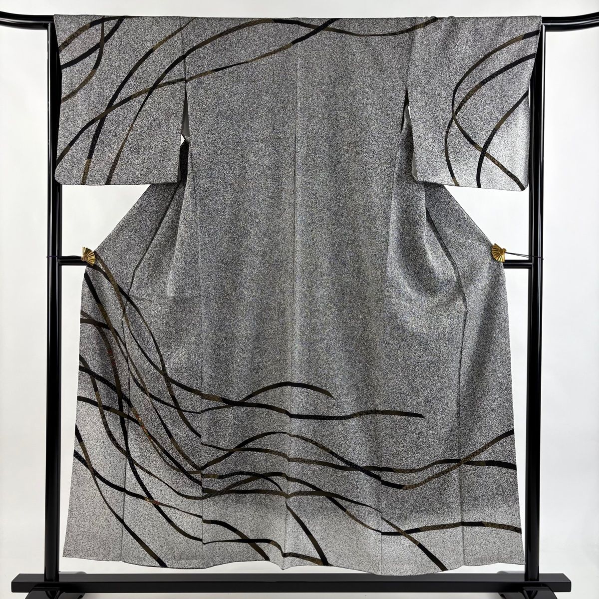 訪問着 身丈154cm 裄丈64.5cm M 袷 幾何学模様 七宝文 刺繍 金彩 黒灰 正絹 秀品