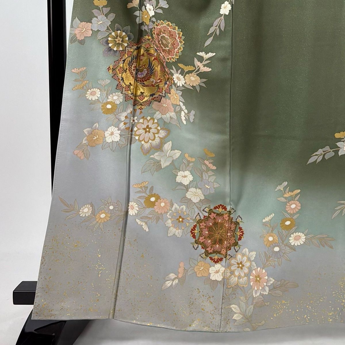 訪問着 身丈161.5cm 裄丈66cm M 袷 落款 鳳凰 華文 螺鈿 金通し 緑 正絹 秀品