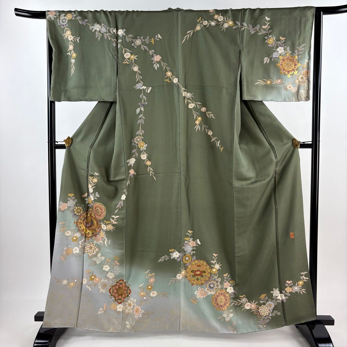 訪問着 身丈161.5cm 裄丈66cm M 袷 落款 鳳凰 華文 螺鈿 金通し 緑 正絹 秀品