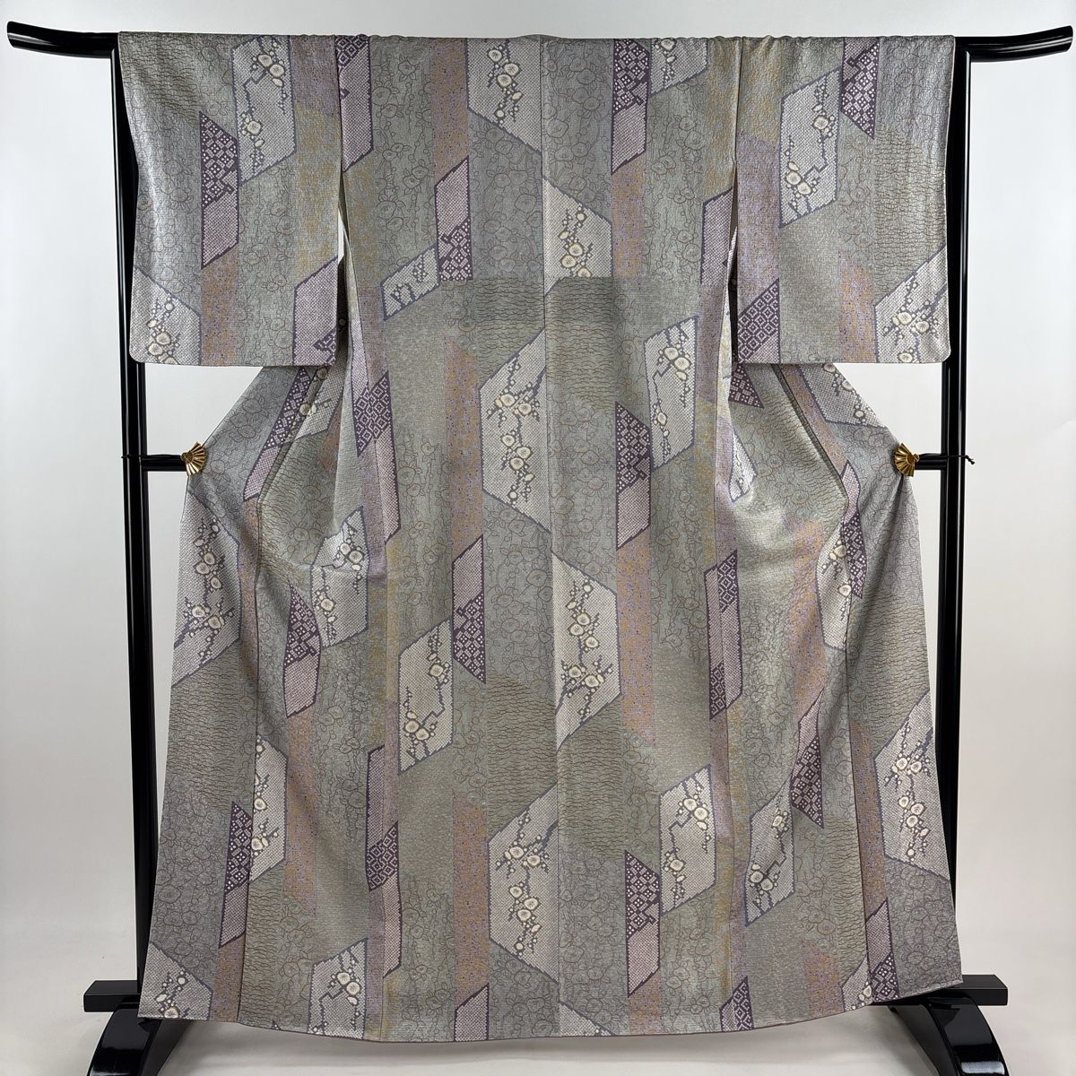小紋 身丈163cm 裄丈65cm M 袷 梅 椿 灰色 正絹 秀品