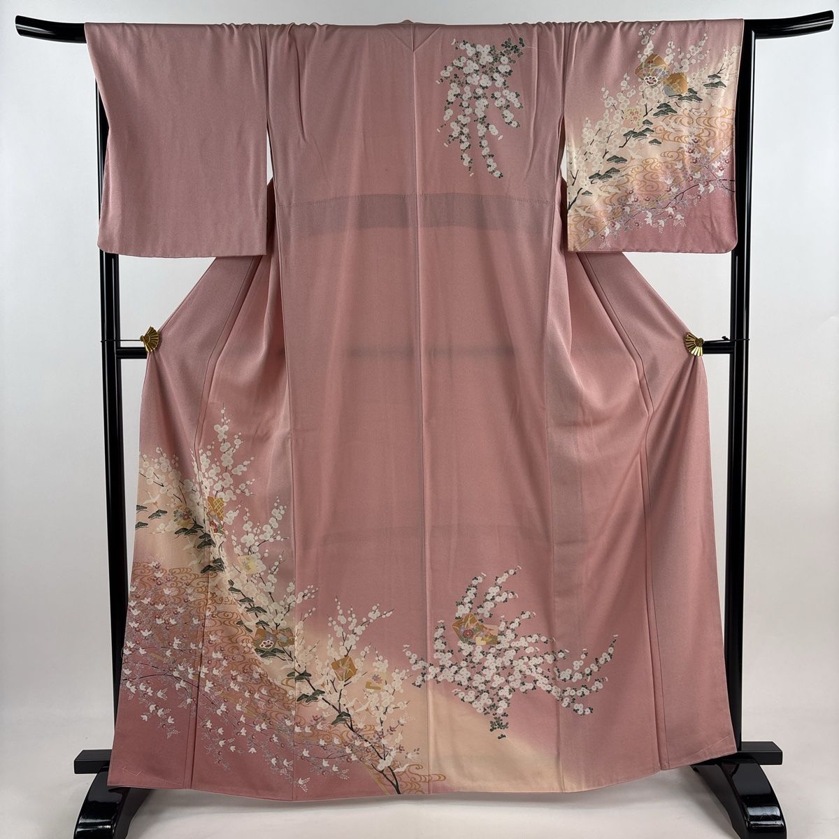 訪問着 身丈163.5 cm 裄丈67 M 袷 破れ色紙 松梅 金彩 ぼかし ピンク 正絹 秀品