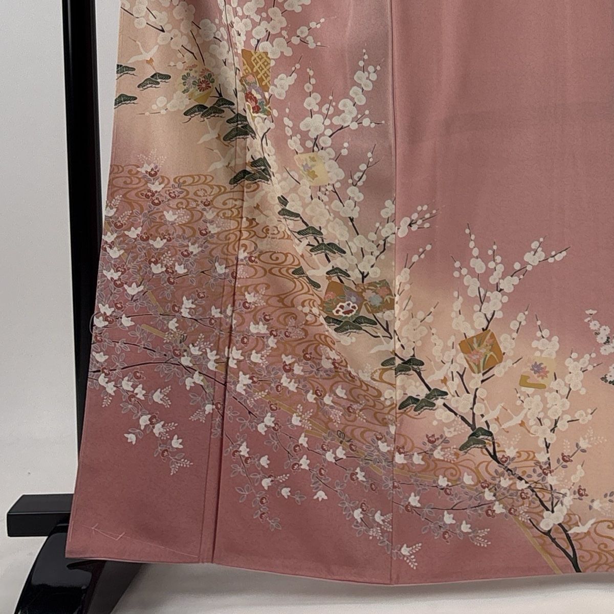 訪問着 身丈163.5cm 裄丈67cm M 袷 破れ色紙 松梅 金彩 ぼかし ピンク 正絹 秀品