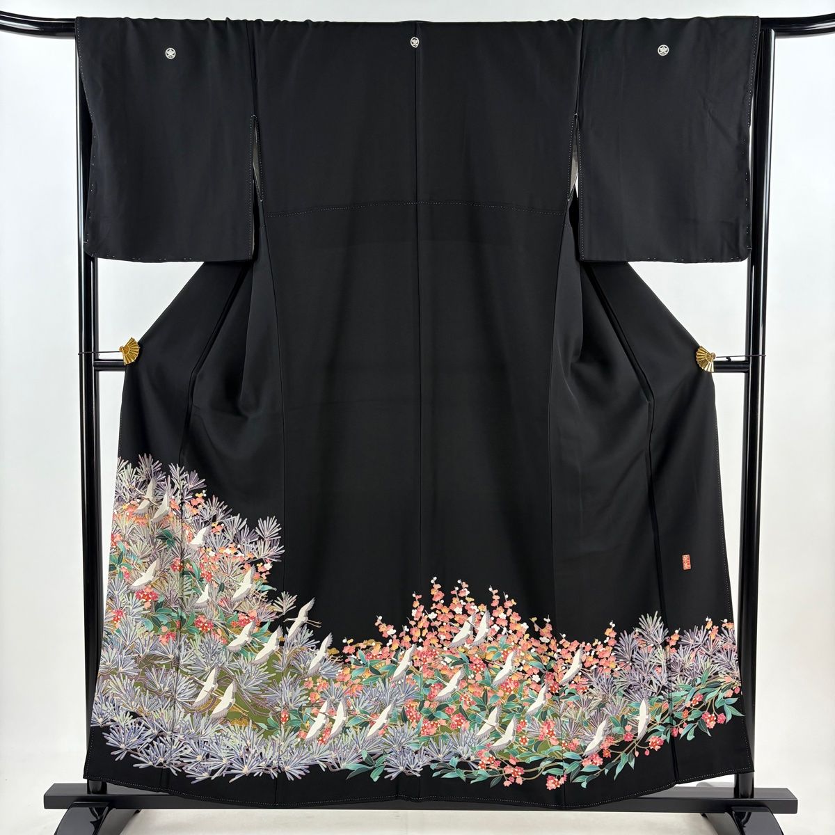 黒留袖 身丈156cm 裄丈66cm M 袷 落款 鶴 松梅 黒 正絹 秀品