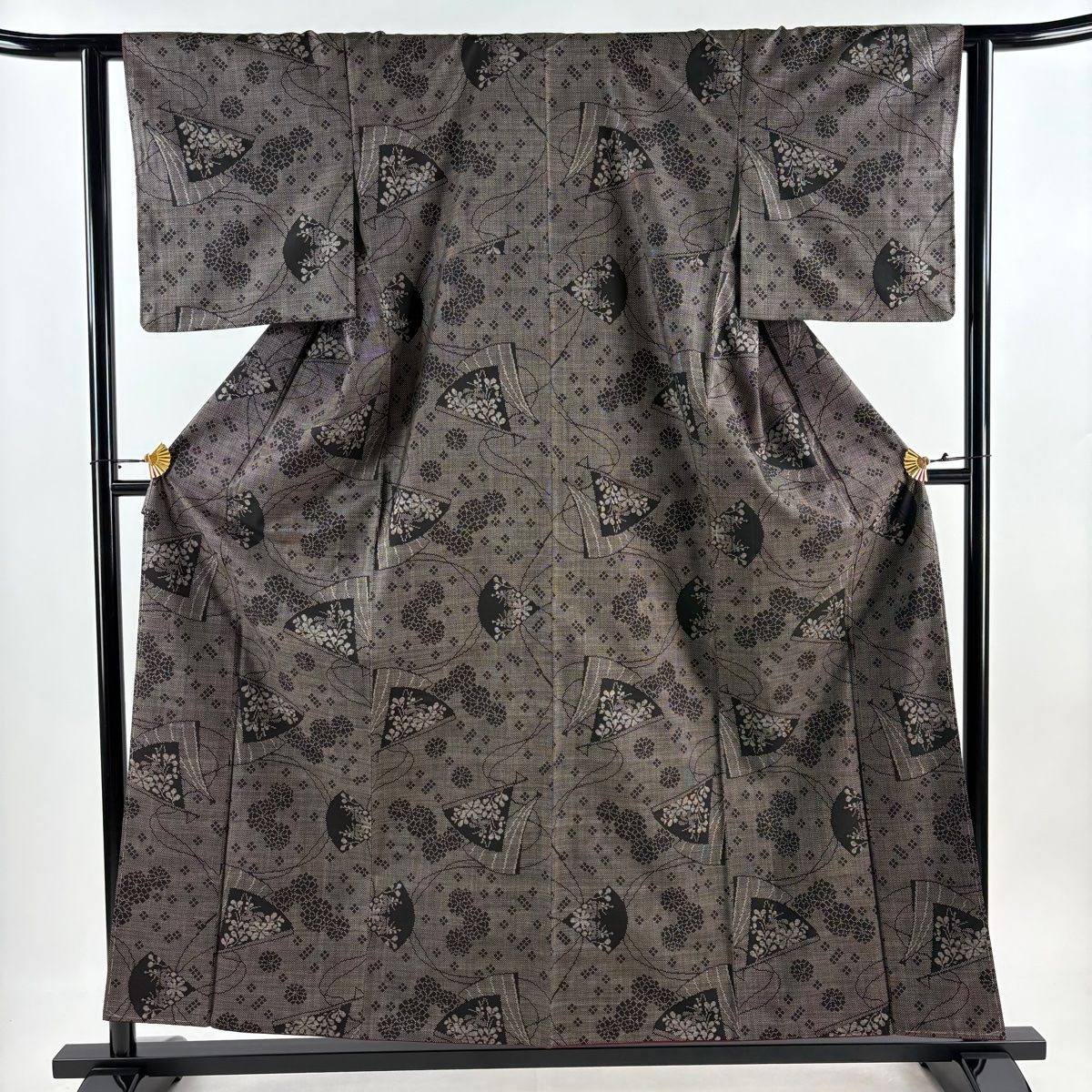 紬 身丈157cm 裄丈61.5cm S 袷 扇 菊 焦茶色 正絹 秀品
