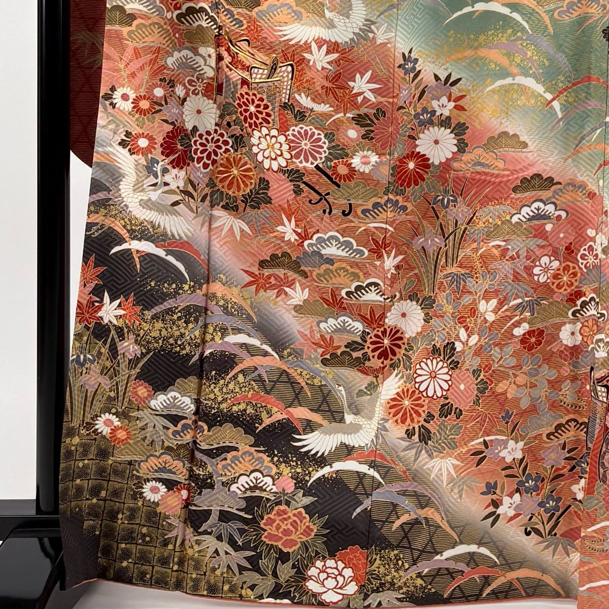 振袖 名品 松竹梅 菊 金糸 金彩 茶緑色 袷 171cm 67cm M 正絹