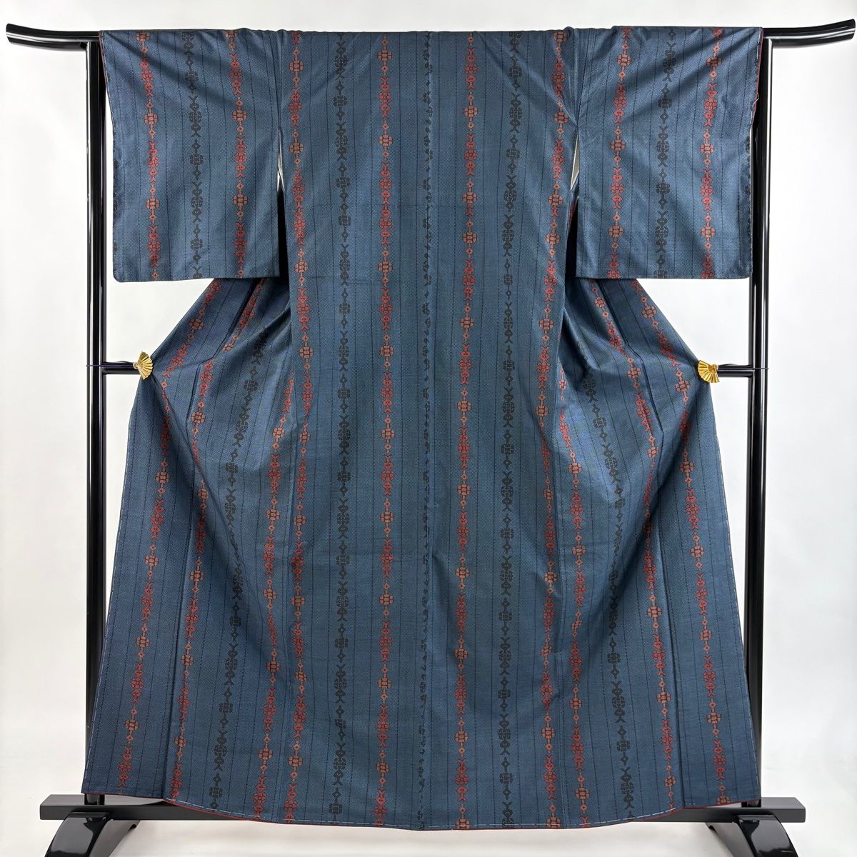 紬 身丈161.5cm 裄丈64cm M 袷 縦縞 草花 紺色 正絹 秀品