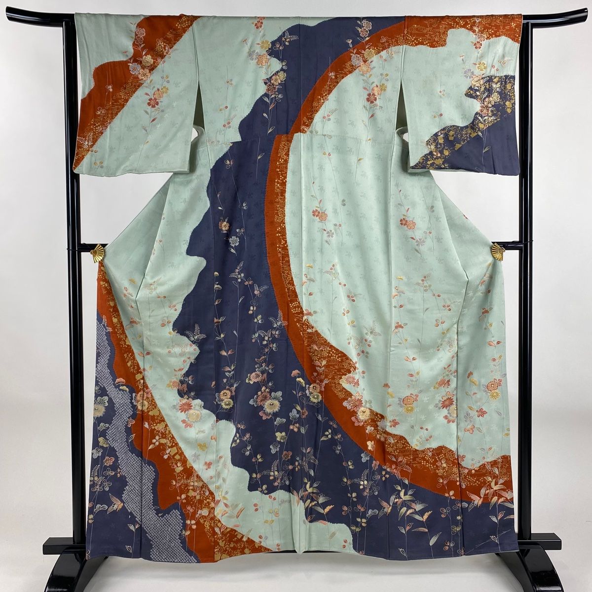 訪問着 身丈161cm 裄丈64cm M 袷 秋草 疋田 金彩 絞り 薄緑 正絹 秀品