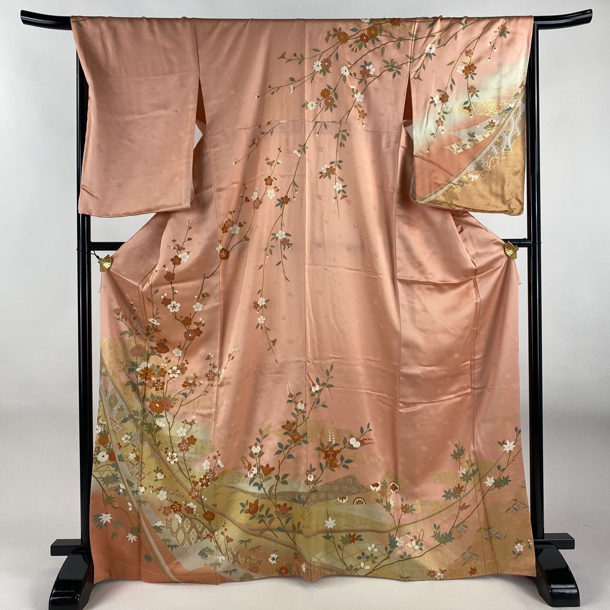 訪問着 身丈169cm 裄丈67.5cm L 袷 菊 枝梅 金糸 金彩 ピンク 正絹 秀品