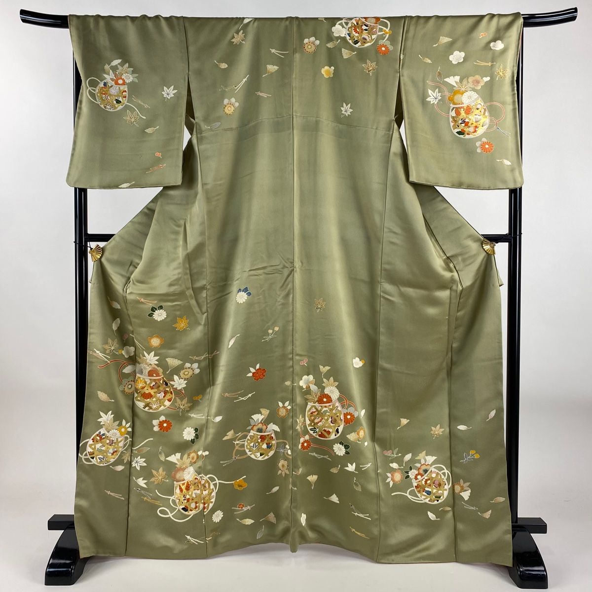 訪問着 身丈168cm 裄丈68.5cm L 袷 花籠 吹き寄せ 金彩 金糸 灰緑 正絹 秀品