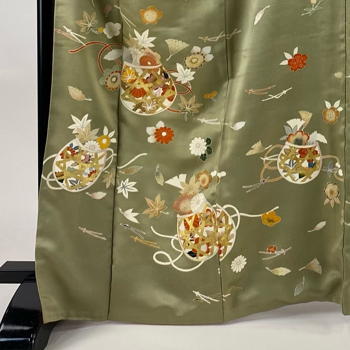 訪問着 身丈168cm 裄丈68.5cm L 袷 花籠 吹き寄せ 金彩 金糸 灰緑 正絹 秀品