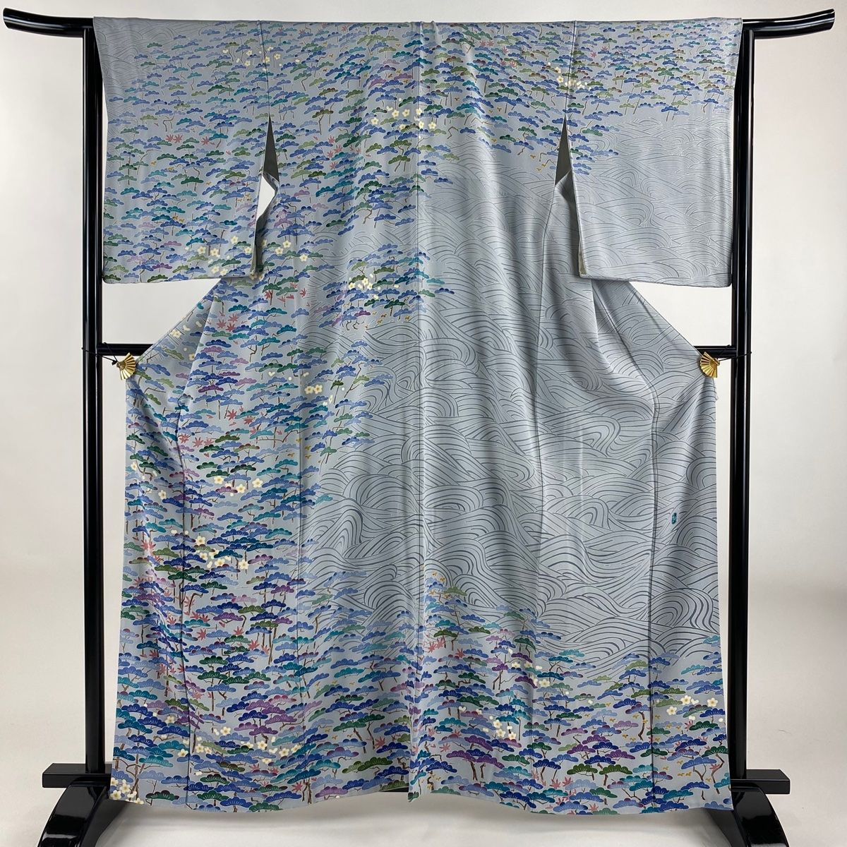 訪問着 身丈162 cm 裄丈65 M 袷 落款 松 波 青灰色 正絹 秀品 一つ紋