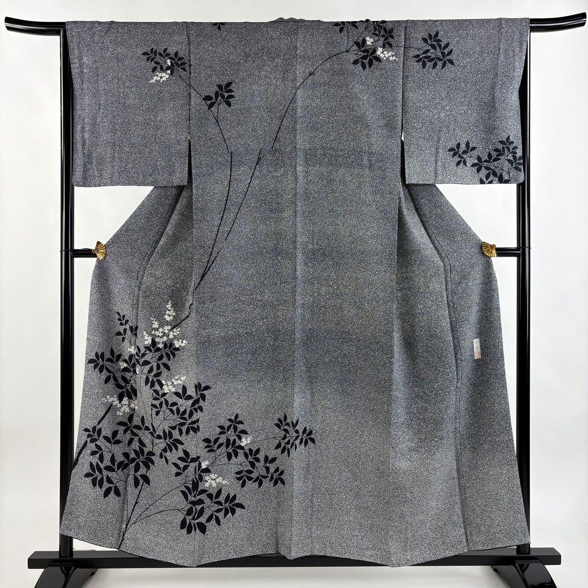 訪問着 身丈156.5cm 裄丈66cm M 袷 香雲 落款 枝花 黒灰 正絹 秀品