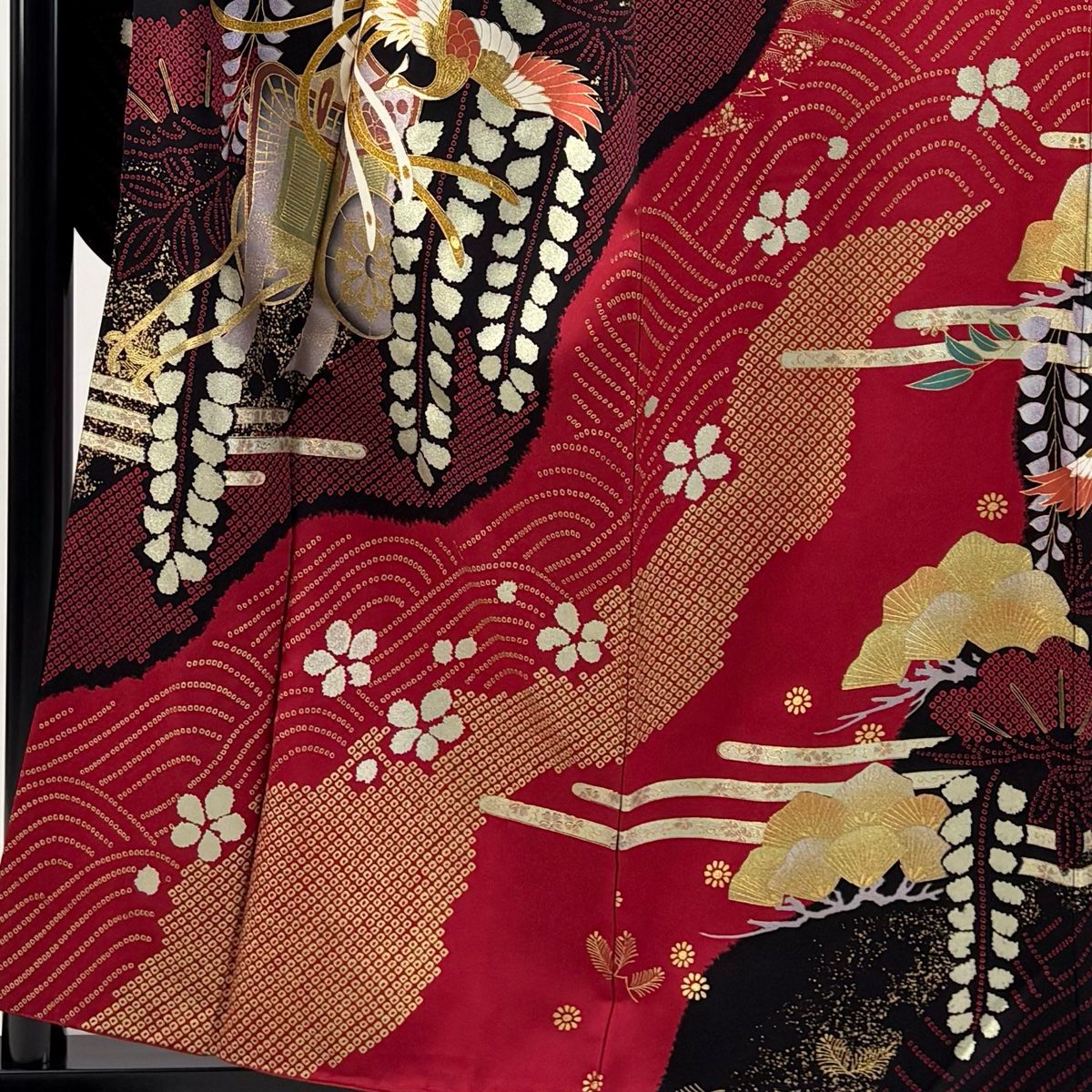 振袖 身丈158.5cm 裄丈64cm M 袷 御所車 鳳凰 金銀彩 染め分け 赤 正絹 秀品