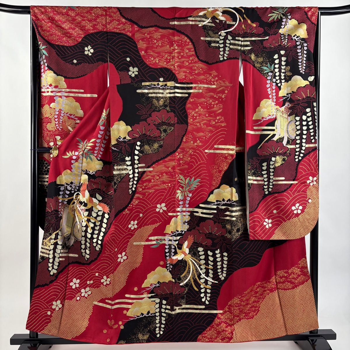 振袖 身丈158.5cm 裄丈64cm M 袷 御所車 鳳凰 金銀彩 染め分け 赤 正絹 秀品