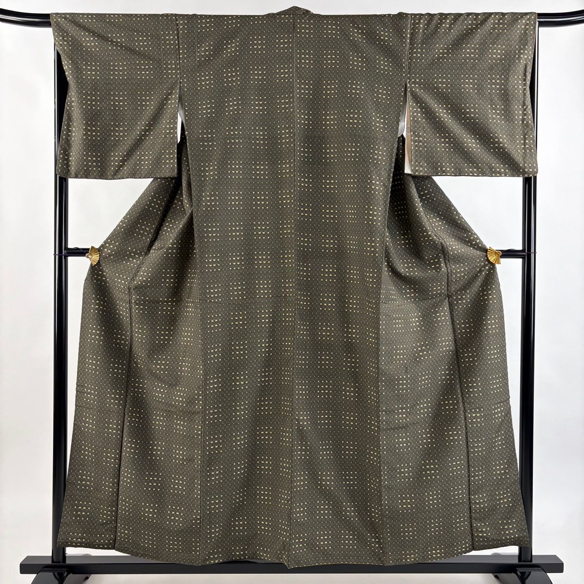 紬 身丈156.5cm 裄丈65cm M 袷 幾何学模様 茶緑色 正絹 秀品