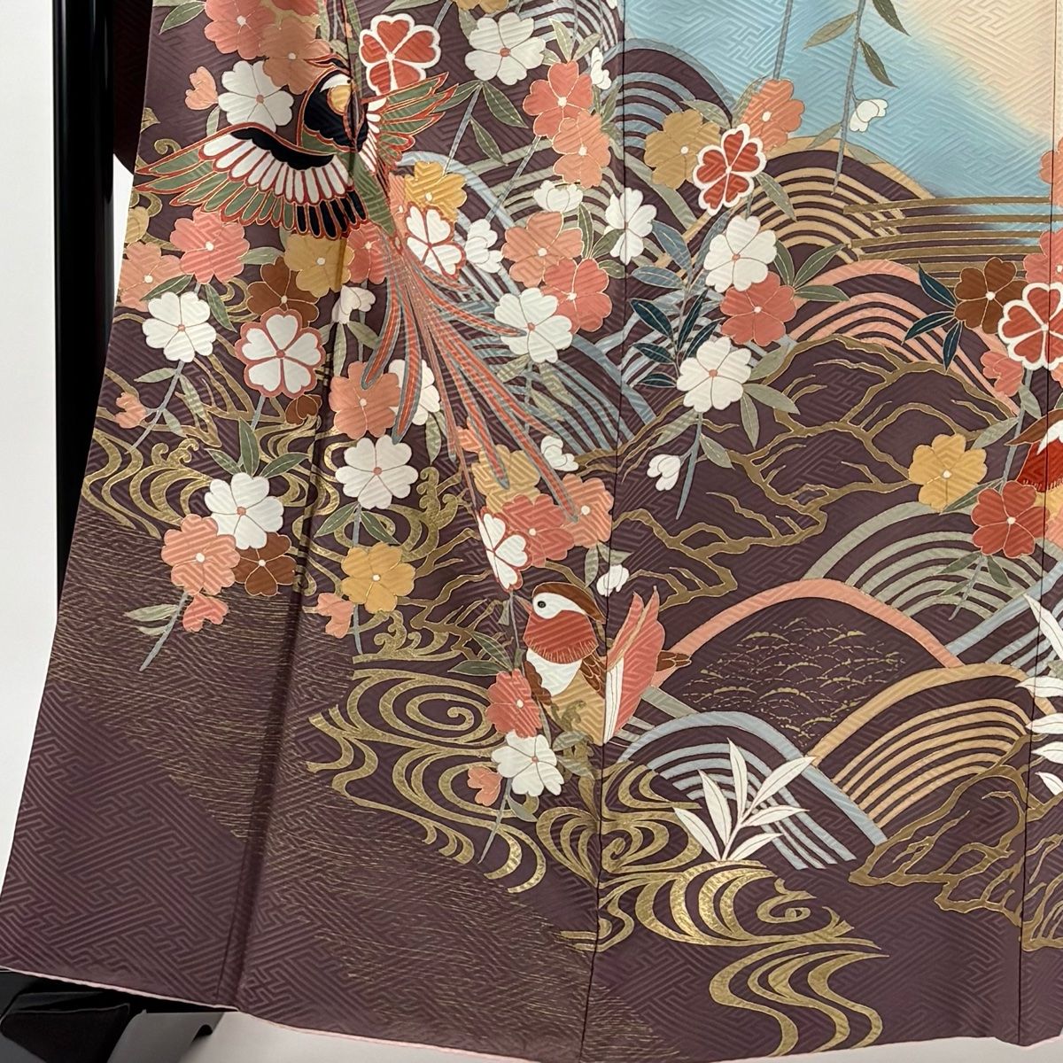 振袖 身丈161.5cm 裄丈65cm M 袷 桜 鴛鴦 金彩 染め分け 紫 正絹 秀品
