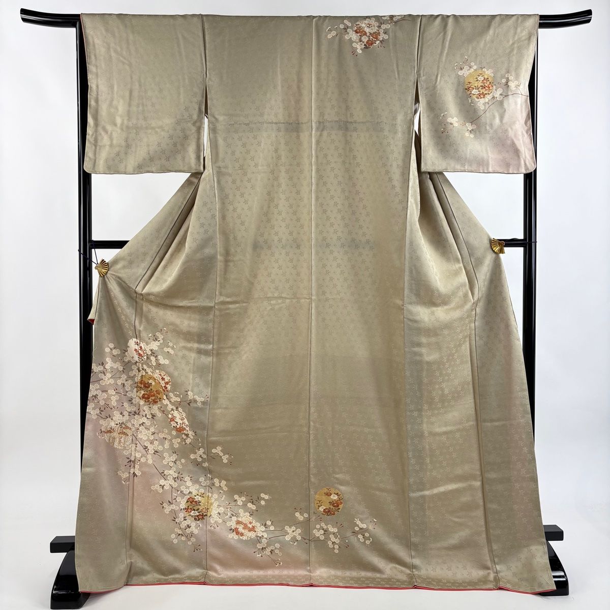 訪問着 身丈176cm 裄丈65.5cm M 袷 雪輪 桜 金糸 金彩 灰緑 正絹 秀品