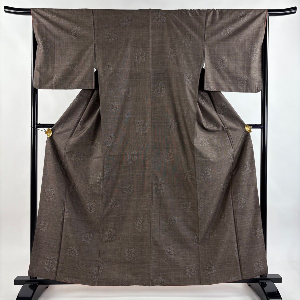 紬 身丈161cm 裄丈66.5cm M 袷 花唐草 焦茶色 正絹 秀品