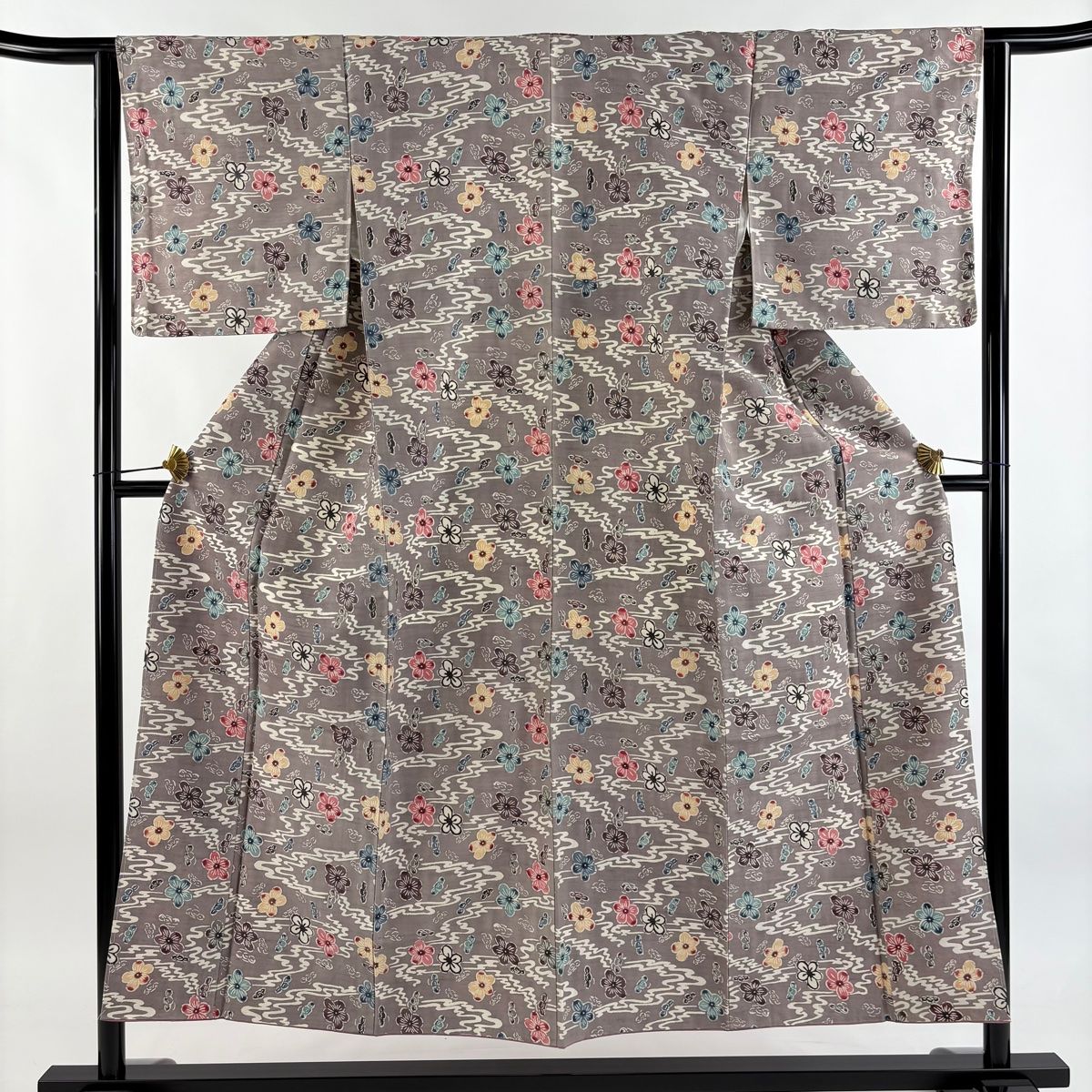 小紋 身丈151.5cm 裄丈63cm S 袷 紬地 梅 流水 灰紫 正絹 秀品