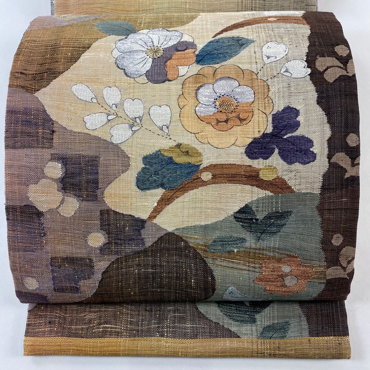 丸帯 リバーシブル 辻が花柄 漢方薬草染 茶色 お太鼓柄 正絹