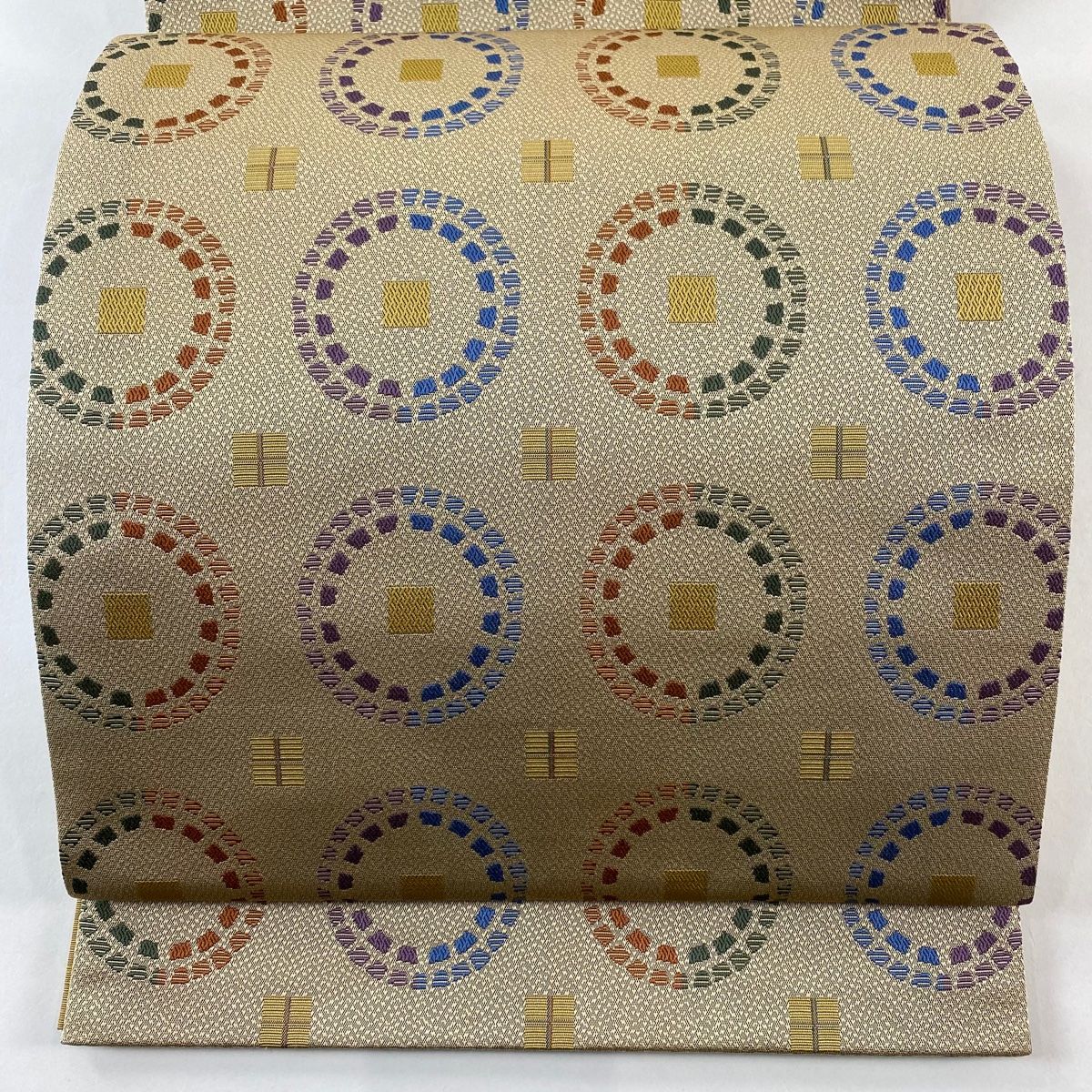 袋帯 幾何学模様 薄茶色 全通 正絹