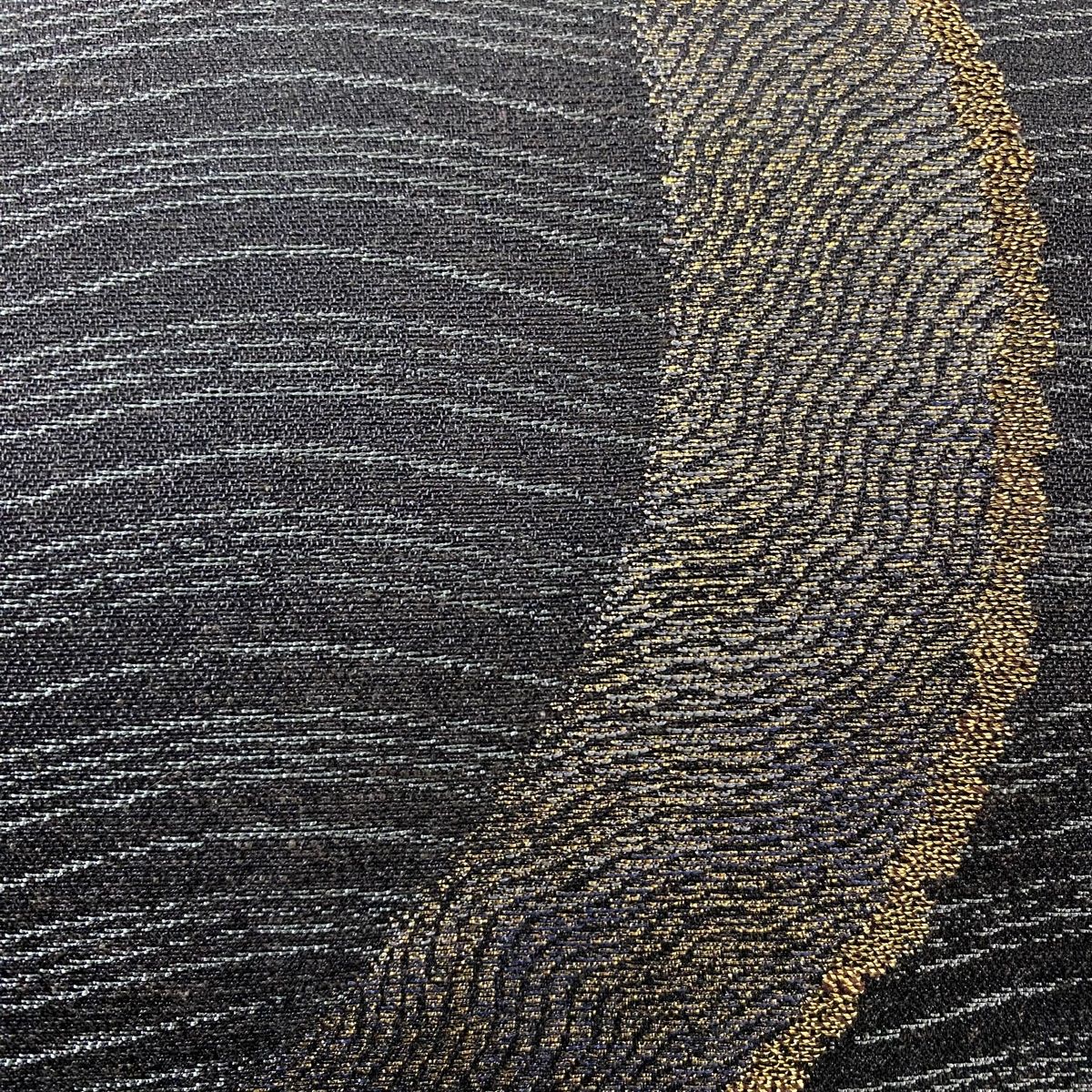 袋帯 リバーシブル 三日月 よろけ縞 箔 墨色 お太鼓柄 正絹