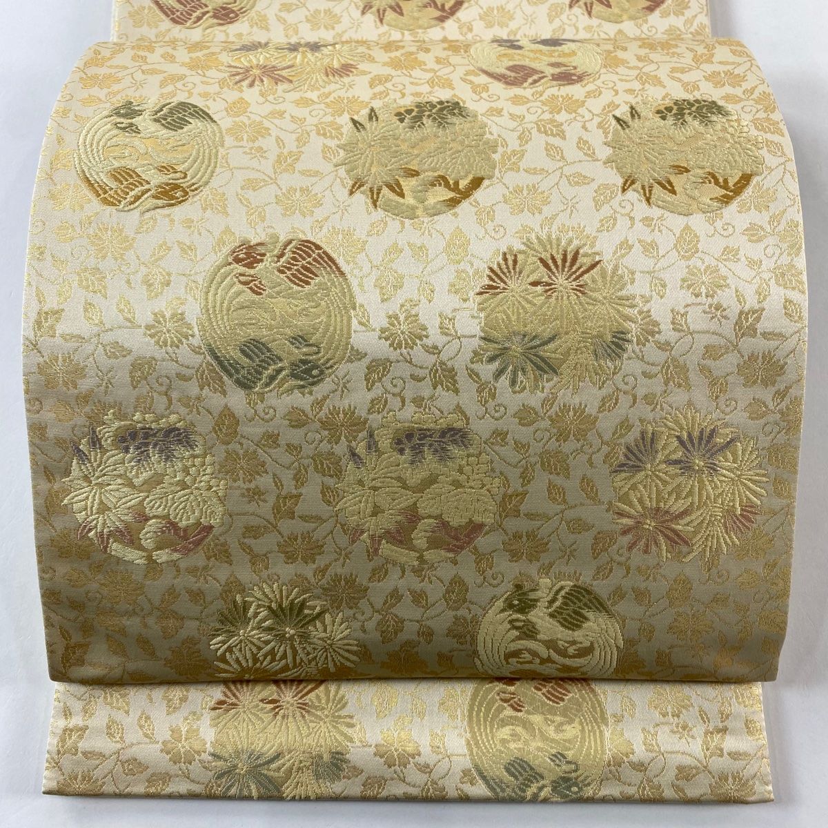 袋帯 箔屋清兵衛 落款 花丸文 鳥丸文 箔 薄黄 六通 正絹