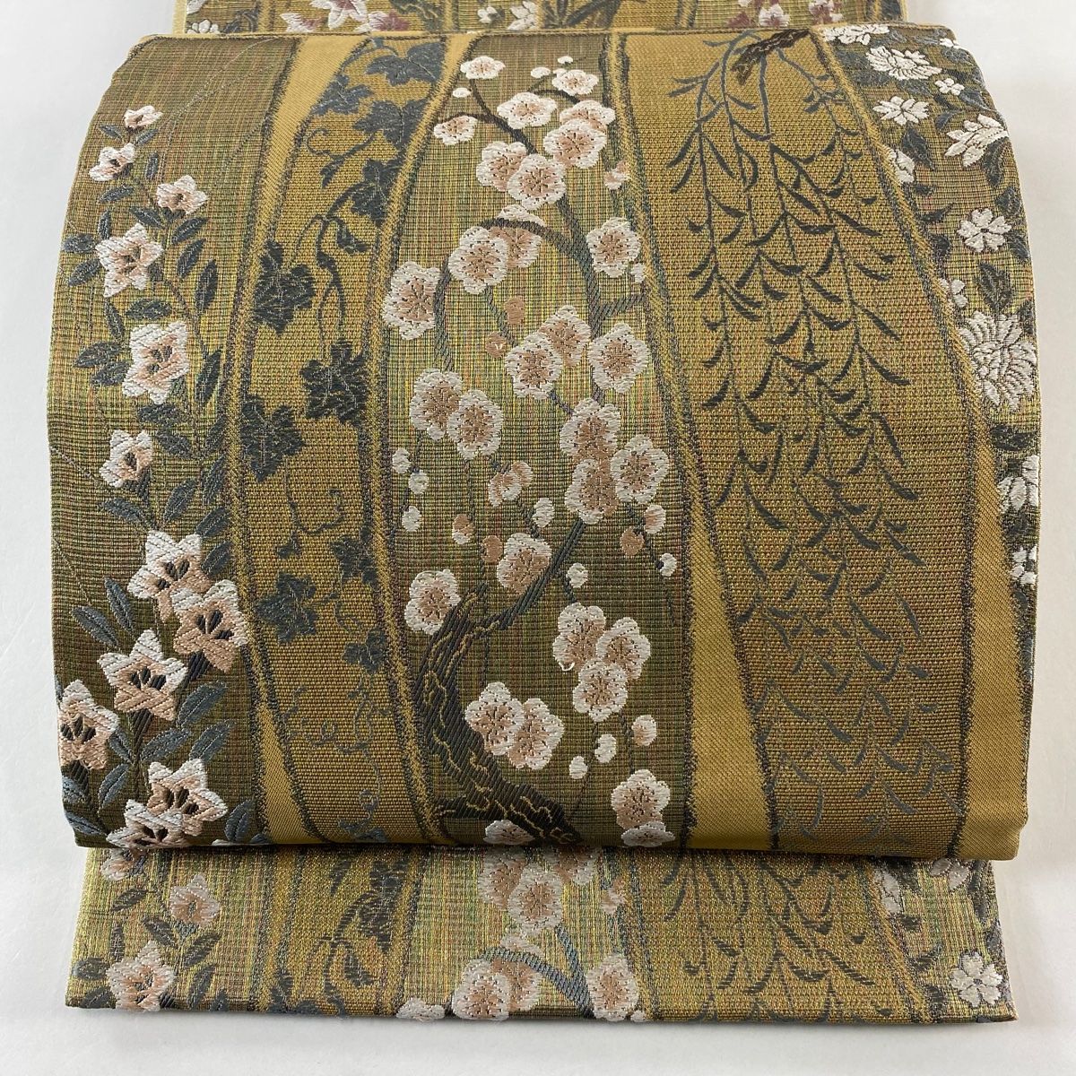 袋帯 竹梅 桔梗 金糸 黄土色 六通 正絹